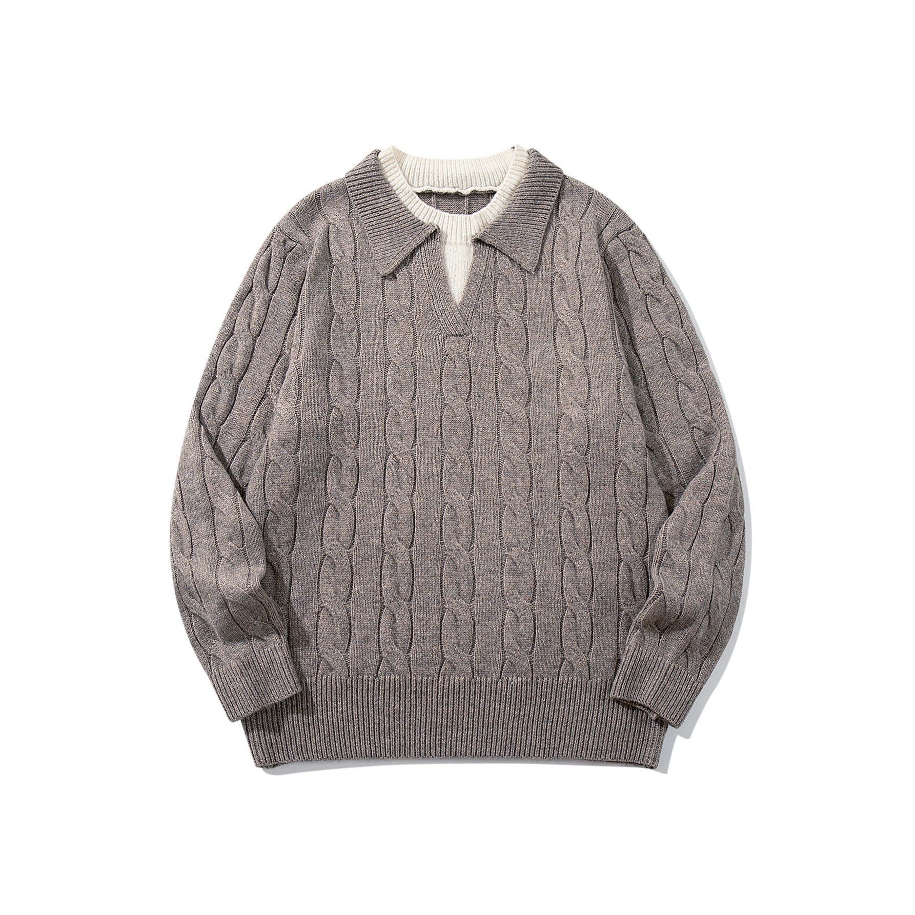 Knit Sweater Men's Faux Two-Piece Cable Knit Crewneck Pullover