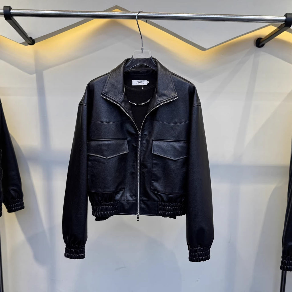 Black short leather jacket for men