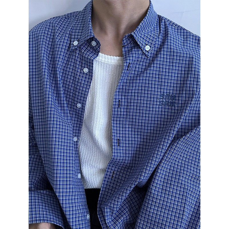 Blue Checkered Long Sleeve Shirt Men Jacket