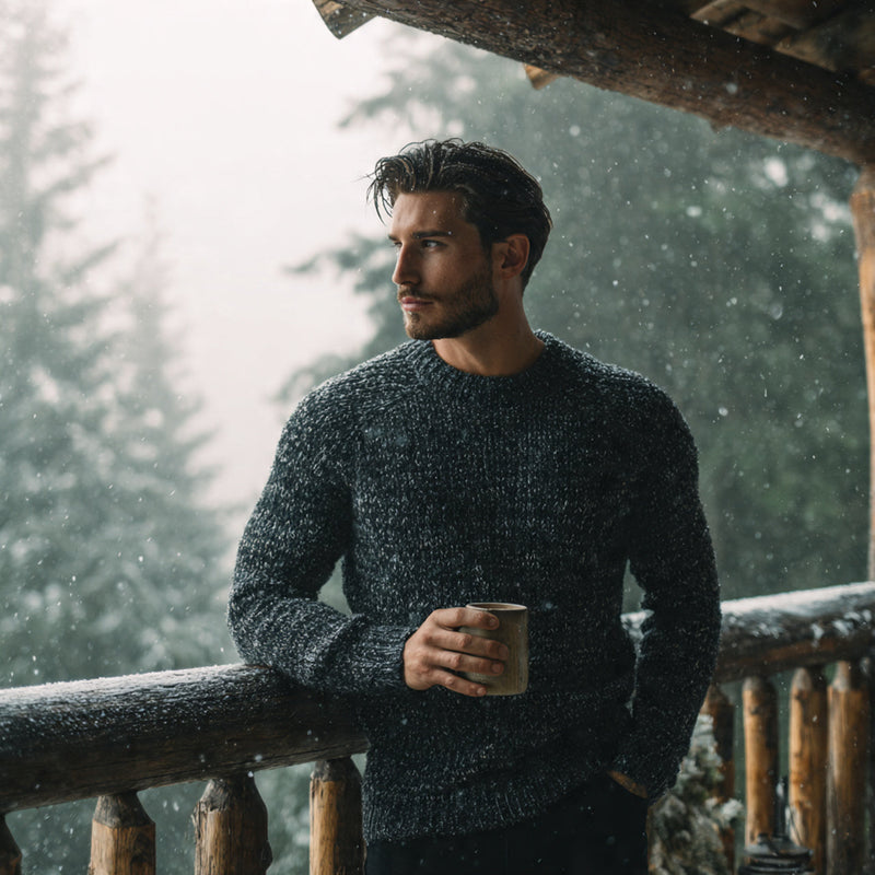 “American male model wearing a chunky wool sweater, standing on a rustic wooden porch with light snow falling, pine trees and soft fog in the background, holding a warm coffee cup, golden early morning light, cozy rugged aesthetic, no text or logos.”

Mood: Warm | Comfortable | Rugged luxury
Lighting: Golden-hour or morning soft light
Background: Cabin porch / forest edge
Color tone: Warm neutrals — cream, charcoal, forest green, tan