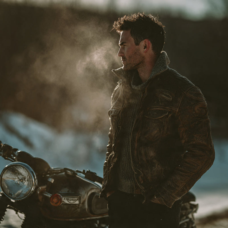 “American male model wearing a premium leather or denim jacket layered over knitwear, standing beside a classic motorcycle on a misty Montana backroad, breath visible in cold air, low winter sunlight breaking through clouds, cinematic rugged atmosphere, no text or logos.”

Mood: Adventurous | Masculine | Premium realism
Lighting: Low golden sunlight with haze
Background: Mountain road or open countryside
Color tone: Muted browns, dark indigo, weathered black