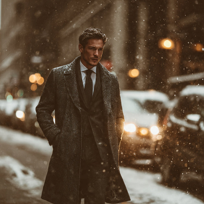“American male model wearing a tailored wool overcoat walking through a snow-dusted city street, hands in pockets, soft snow falling, warm streetlights glowing through the cold air, sophisticated yet rugged tone, no text or logos.”

Mood: Refined | Cold-season elegance | Premium editorial
Lighting: Evening or twilight
Background: City architecture with falling snow
Color tone: Cool greys and navy with warm amber highlights