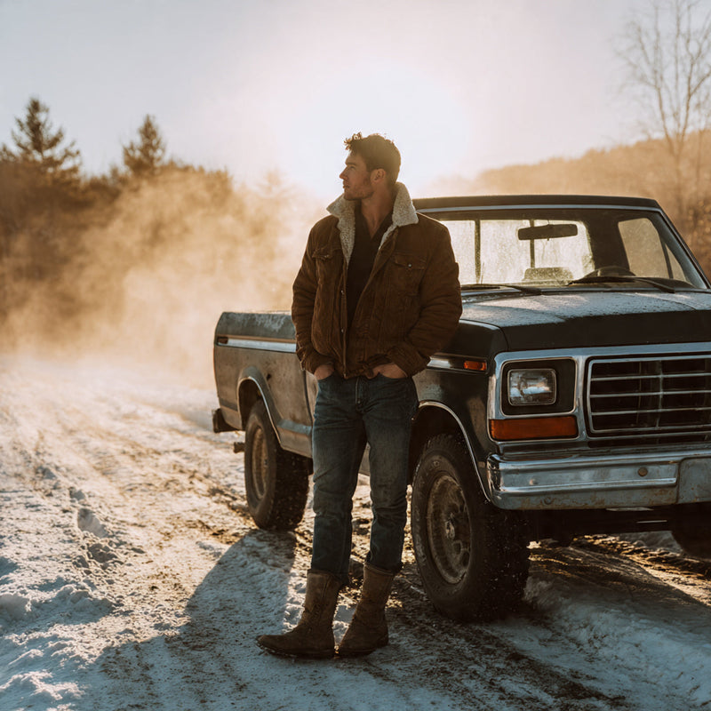 “American male model wearing dark indigo denim jeans, flannel overshirt, and boots, leaning against a vintage pickup truck on a frosty dirt road, light snow on the ground, cold mountain air visible, golden-hour winter sunlight cutting through mist, no text or logos.”