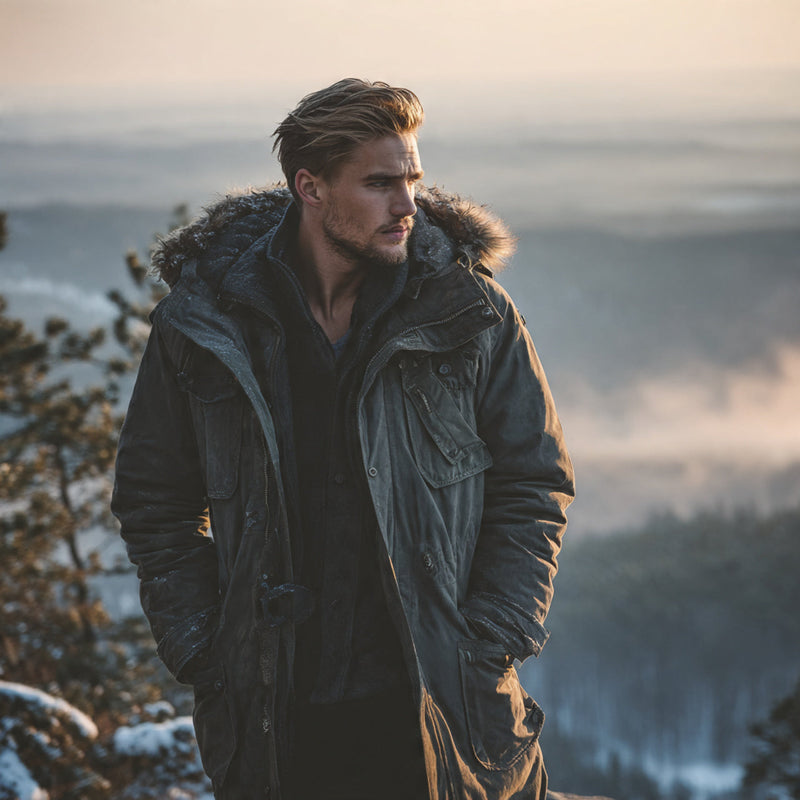 “American male model wearing premium winter outerwear — parka or rugged leather jacket layered over knitwear — standing on a snow-dusted mountain overlook, frosty breath visible, pine forest in the background, soft cold morning light, cinematic and masculine atmosphere, no text or logos.”