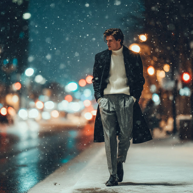 “American male model wearing tailored wool trousers and boots, layered with a sweater and coat, walking through an urban street in light snowfall, city lights reflecting off wet pavement, cold air visible, clean modern aesthetic, no text or logos.”
